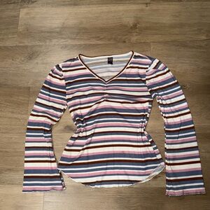 Striped V-Neck Long Sleeve Top in Pink, Blue & Brown